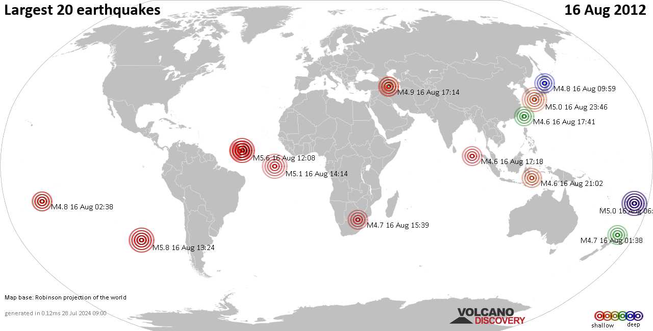 Complete Earthquake List For Thursday 16 August 2012 地震アーカイブワールドワイド 一覧 地図 Volcanodiscovery