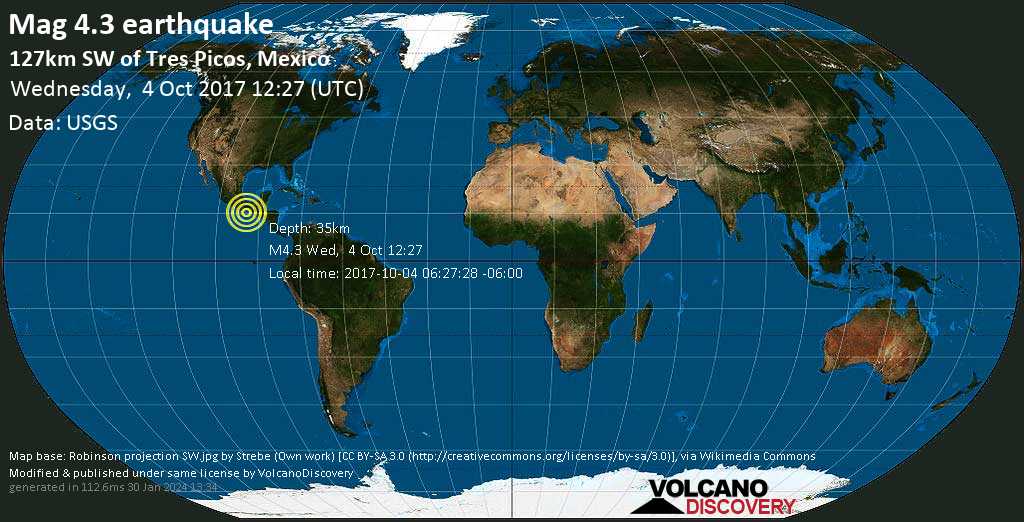 Tres Picos Mexico Map Earthquake info : M4.3 earthquake on Wednesday, 4 October 2017 12 