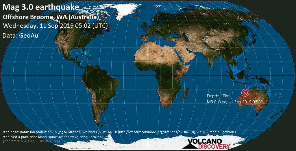 Info Tremblement De Terre M3 0 Earthquake On Mercredi 11 Septembre 19 05 02 Utc Offshore Broome Wa Australia 2 Experience Reports Volcanodiscovery