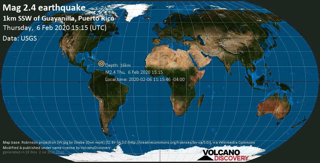 Earthquake Info M2 4 Earthquake On Thursday 6 February 15 15 Utc 1km Ssw Of Guayanilla Puerto Rico Volcanodiscovery