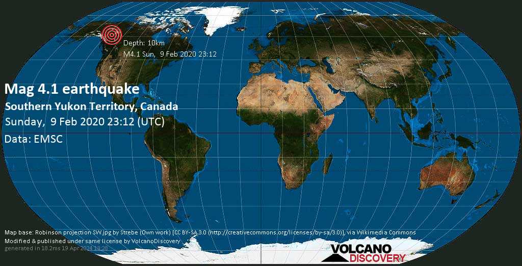 M 4.1 quake: Southern Yukon Territory, Canada on Sun, 9 Feb 23h12