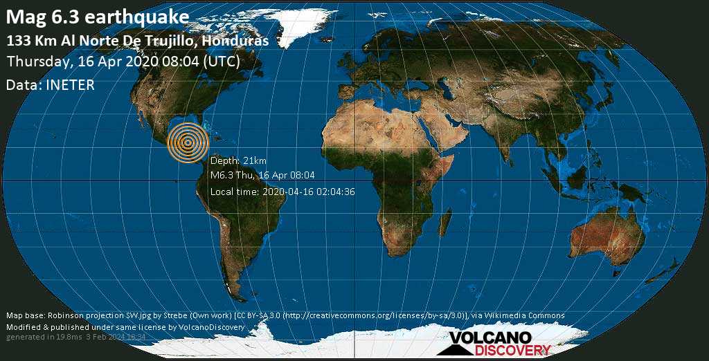 強いマグ。 6.3地震-2020年4月16日木曜日、ホンジュラスの133 Km al norte de Trujillo
