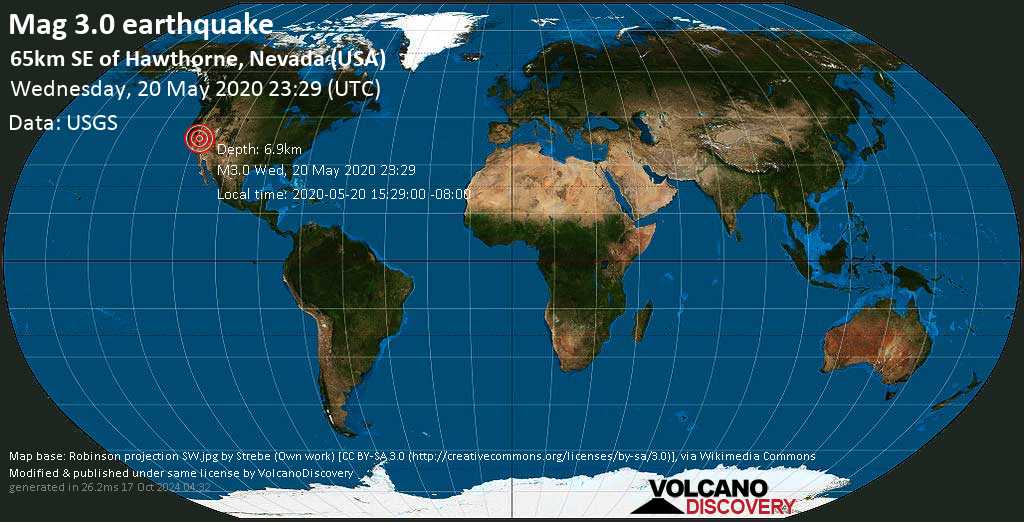 Earthquake Info M3 0 Earthquake On Wednesday May 23 29 Utc 65km Se Of Hawthorne Nevada Usa Volcanodiscovery