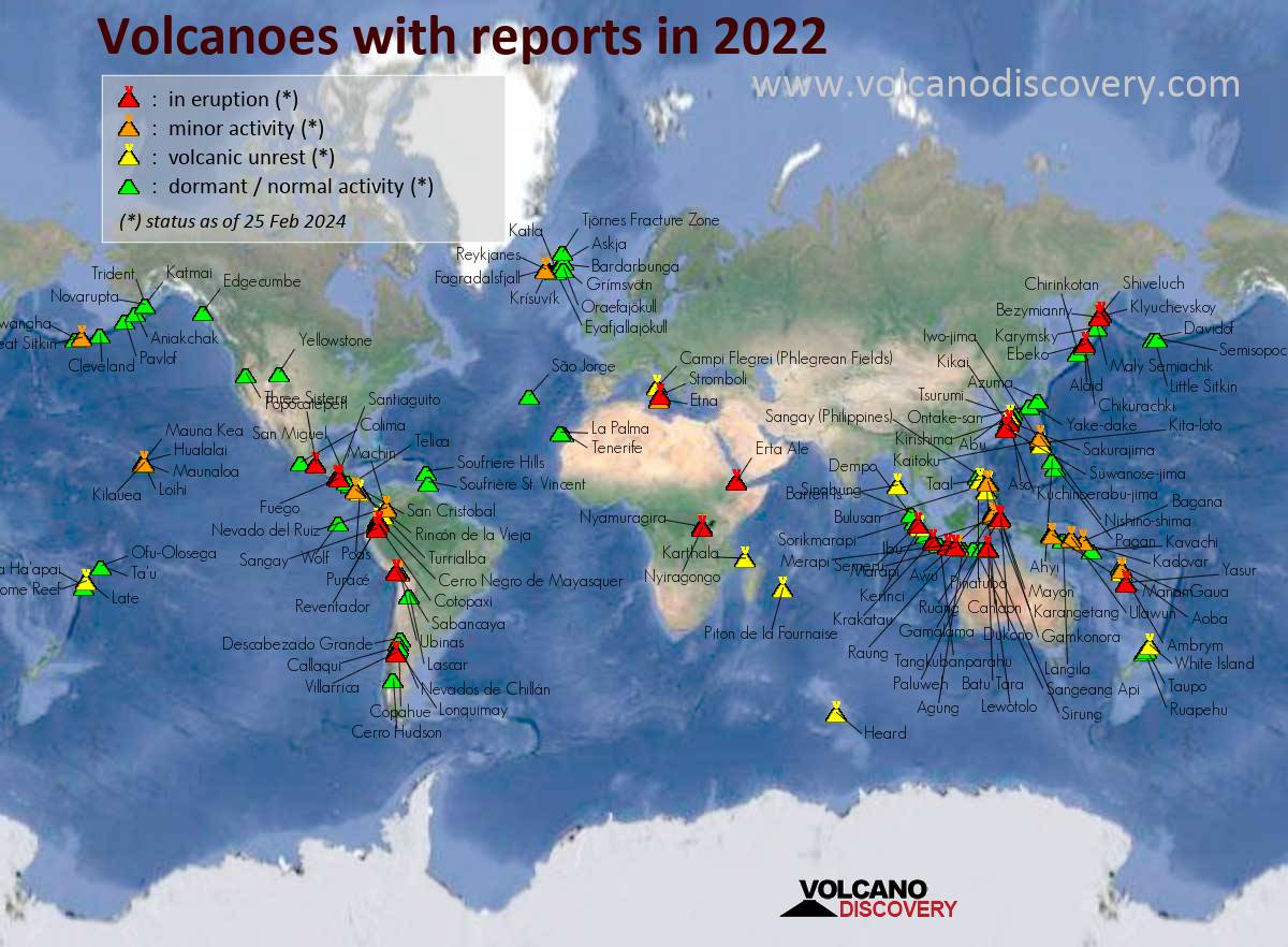 Map of active volcanoes with reports (news or ash advisories) in 2022