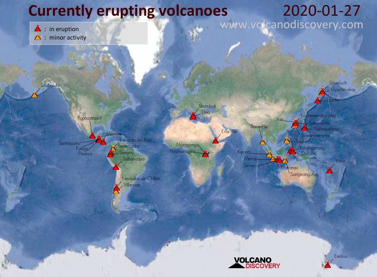 which area s on this world map is likely to have volcanoes above sea level Volcanic Activity Worldwide 27 Jan 2020 Santiaguito Volcano Pacaya Fuego Semeru Dukono Reykjan Volcanodiscovery which area s on this world map is likely to have volcanoes above sea level