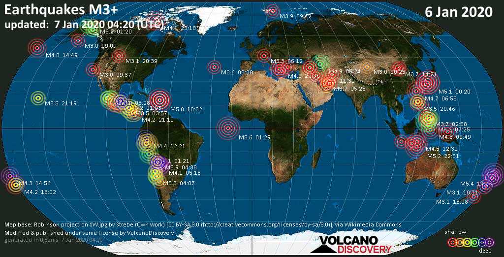 Earthquake Report World Wide For Monday 6 January 2020